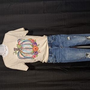 Floral Pumpkin Graphic Tee and Distressed Jeans